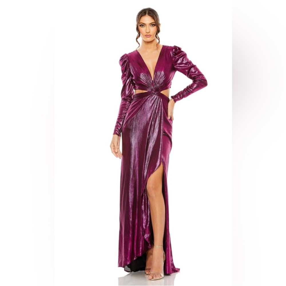 Mac Duggal Metallic Plum Long Sleeve Cutout Gown